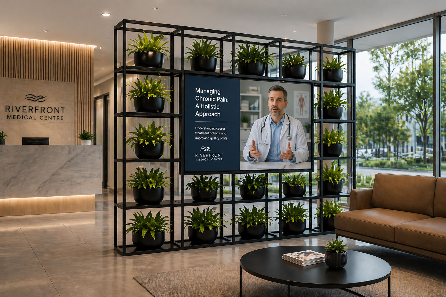 Axeva frame in a medical centre waiting room
