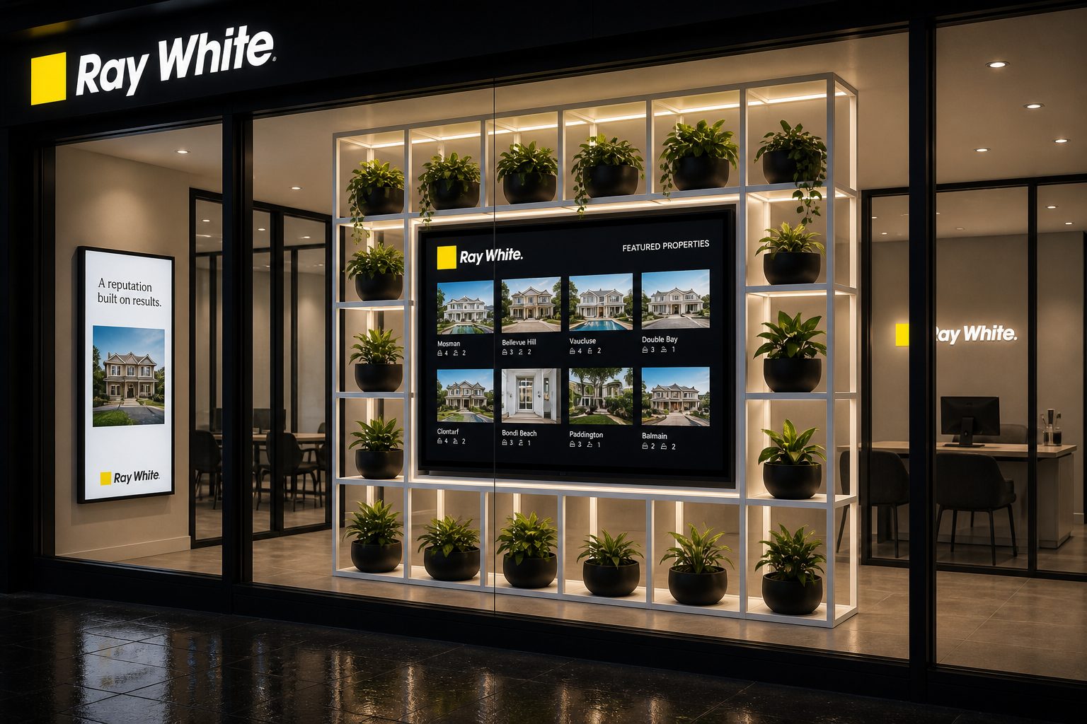 Axeva modular frame installation at Ray White real estate agency